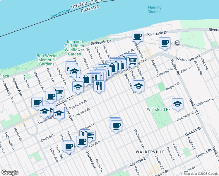 map of restaurants, bars, coffee shops, grocery stores, and more near in Windsor