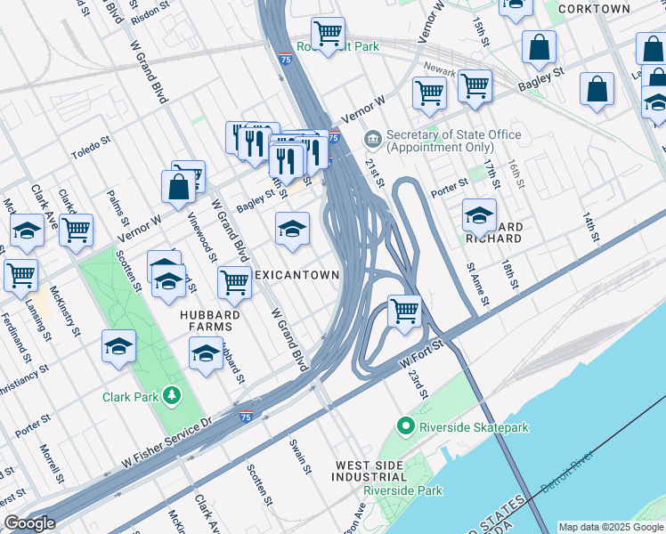map of restaurants, bars, coffee shops, grocery stores, and more near 1243 24th Street in Detroit