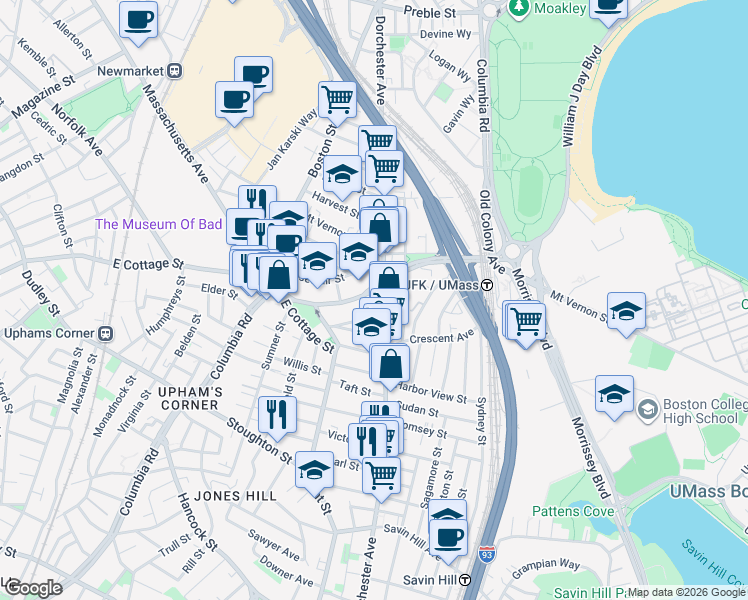 map of restaurants, bars, coffee shops, grocery stores, and more near 795 Columbia Road in Boston