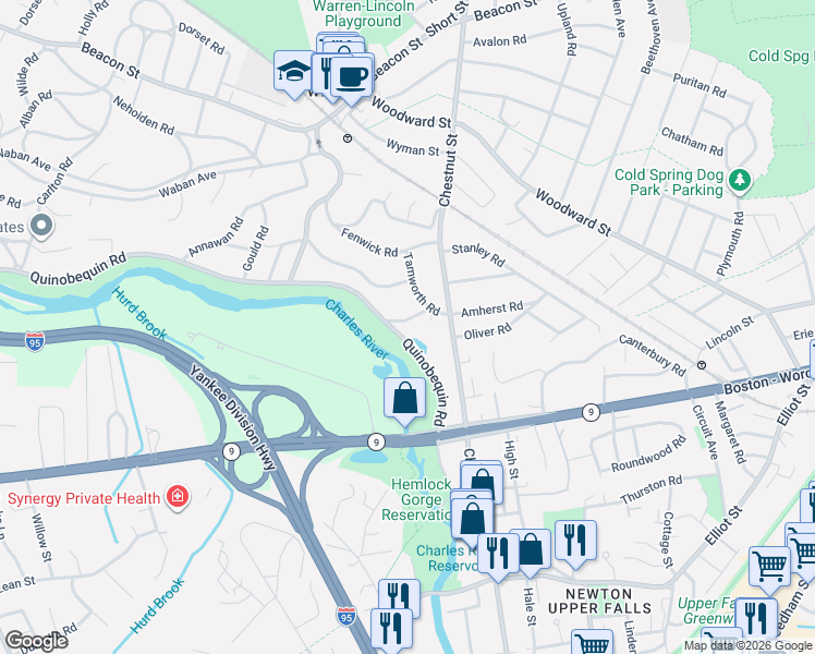 map of restaurants, bars, coffee shops, grocery stores, and more near 696 Quinobequin Road in Newton