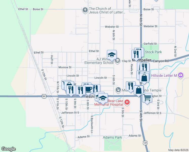 map of restaurants, bars, coffee shops, grocery stores, and more near 730 Lincoln Street in Montpelier