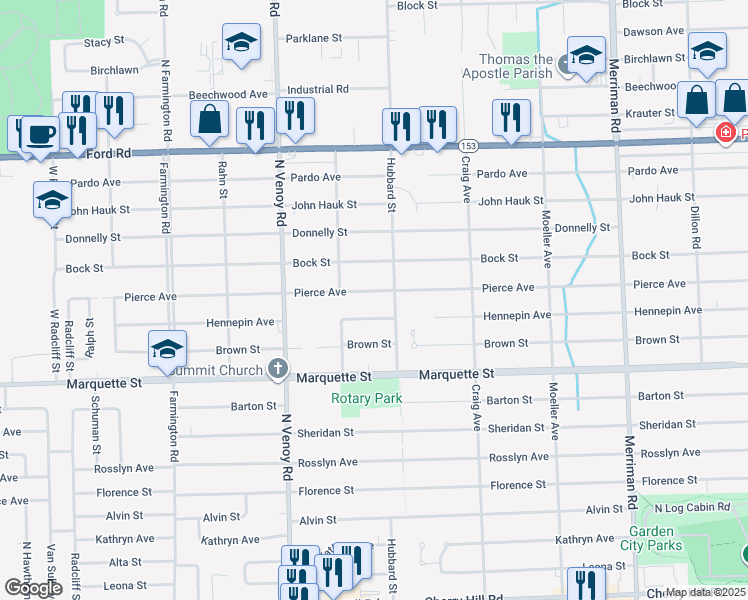 map of restaurants, bars, coffee shops, grocery stores, and more near 32447 Hennepin Avenue in Garden City