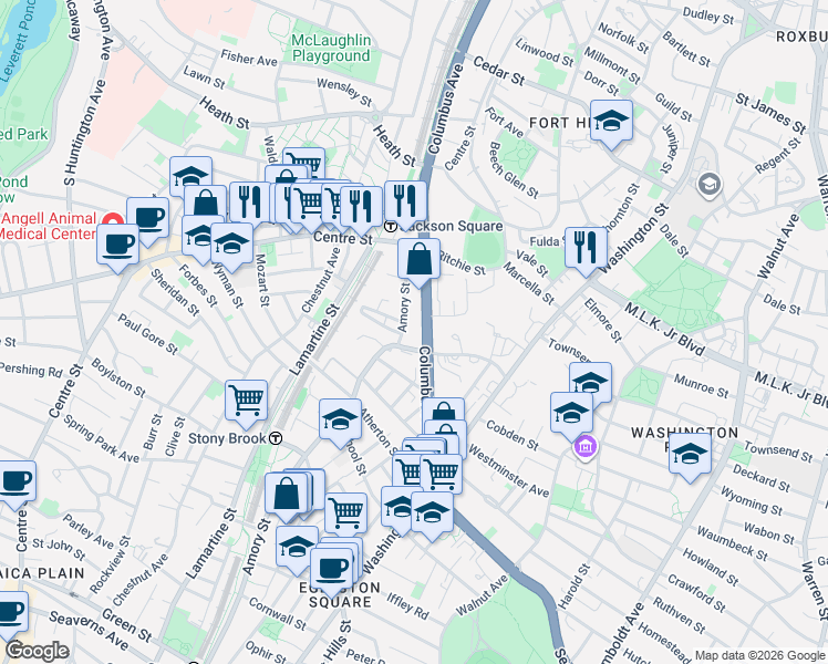 map of restaurants, bars, coffee shops, grocery stores, and more near 1841-1843 Columbus Avenue in Boston