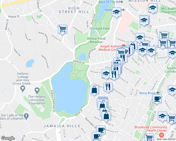 map of restaurants, bars, coffee shops, grocery stores, and more near Jamaicaway & Moraine St in Boston