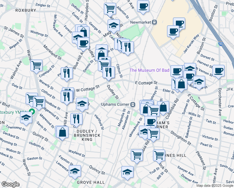 map of restaurants, bars, coffee shops, grocery stores, and more near 621 Dudley Street in Boston