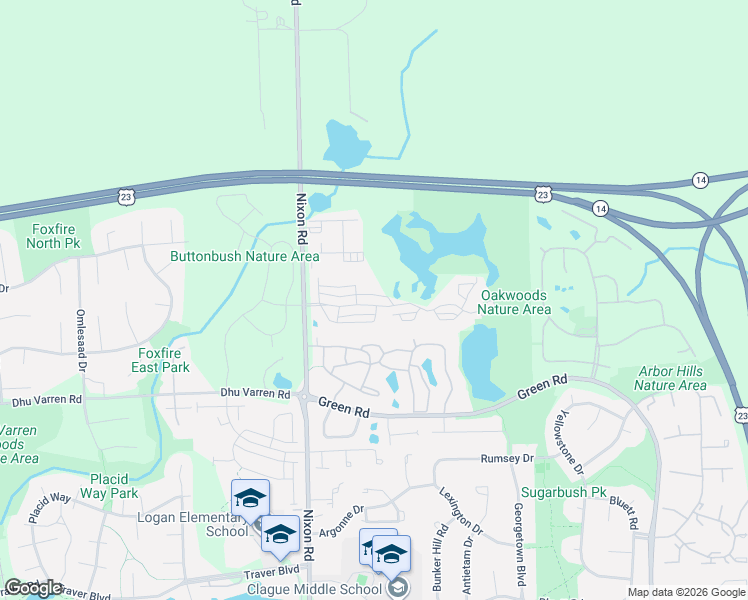 map of restaurants, bars, coffee shops, grocery stores, and more near 2890 Barclay Way in Ann Arbor