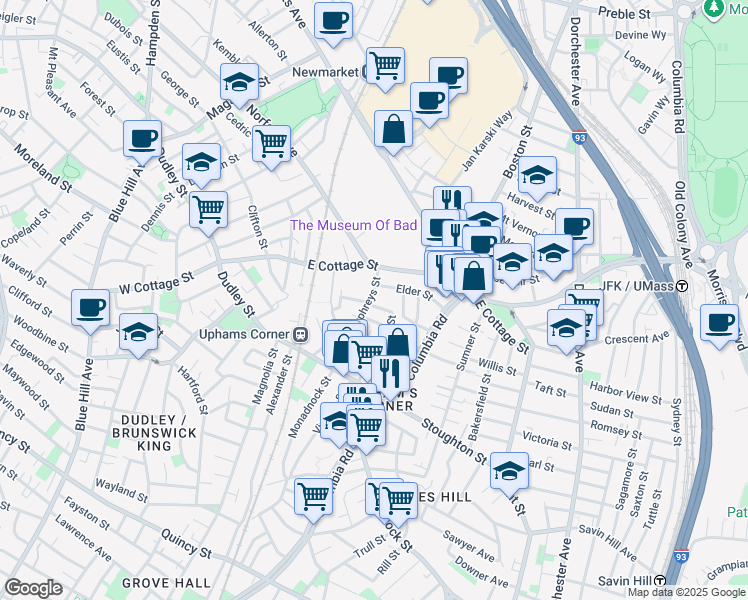 map of restaurants, bars, coffee shops, grocery stores, and more near 16 Humphreys Street in Boston