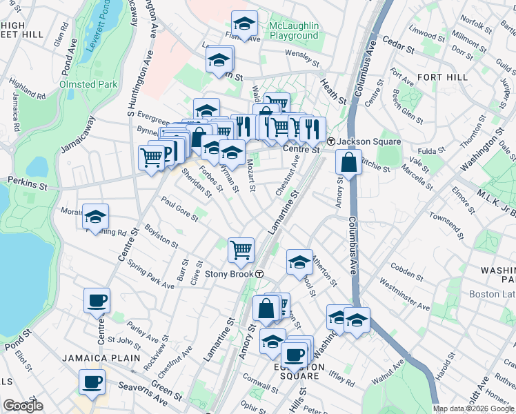 map of restaurants, bars, coffee shops, grocery stores, and more near 71 Mozart Street in Boston