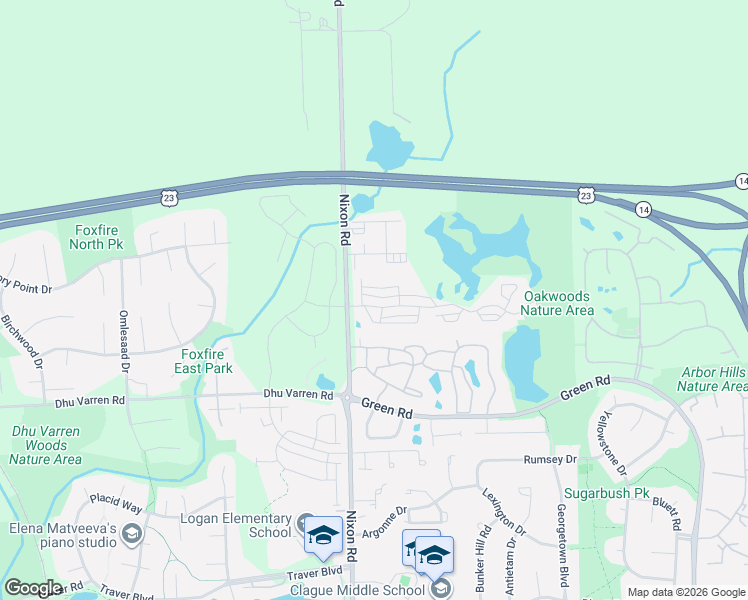 map of restaurants, bars, coffee shops, grocery stores, and more near 2810 Barclay Way in Ann Arbor