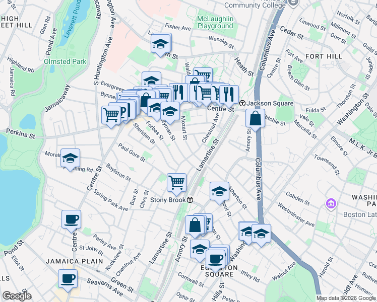 map of restaurants, bars, coffee shops, grocery stores, and more near 71 Mozart Street in Boston