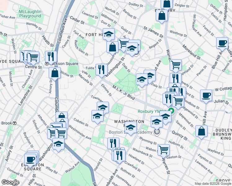map of restaurants, bars, coffee shops, grocery stores, and more near 198 Walnut Avenue in Boston