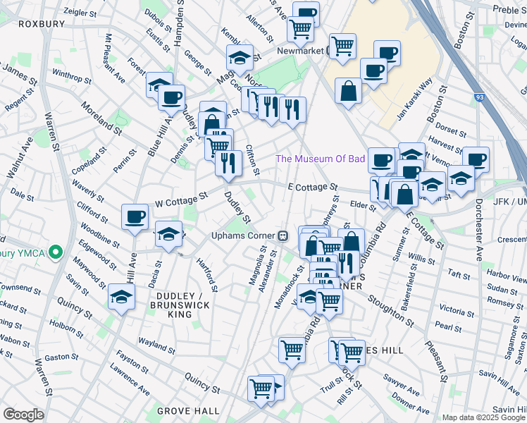 map of restaurants, bars, coffee shops, grocery stores, and more near 652 Dudley Street in Boston
