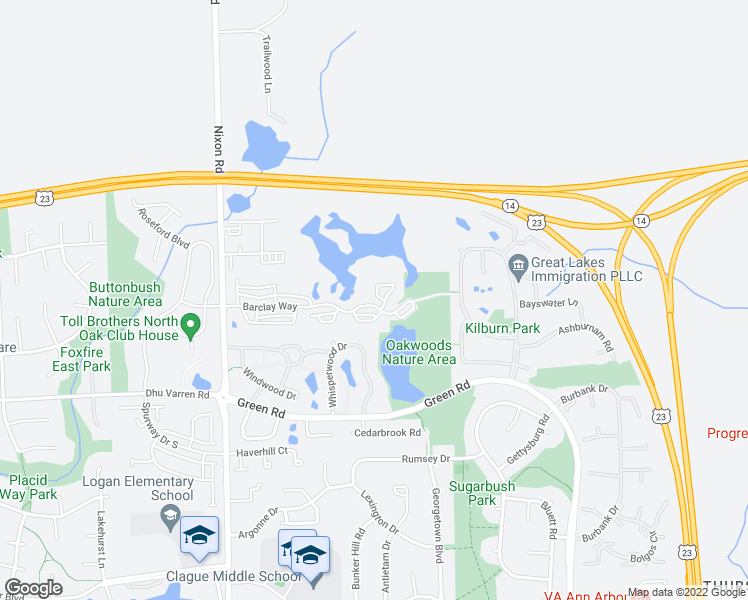 map of restaurants, bars, coffee shops, grocery stores, and more near 3005 Barclay Way in Ann Arbor