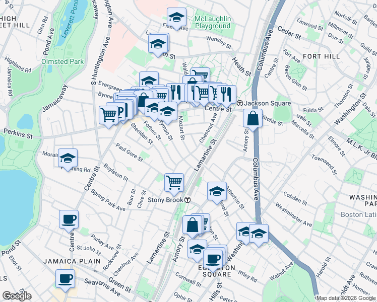 map of restaurants, bars, coffee shops, grocery stores, and more near 77 Mozart Street in Boston