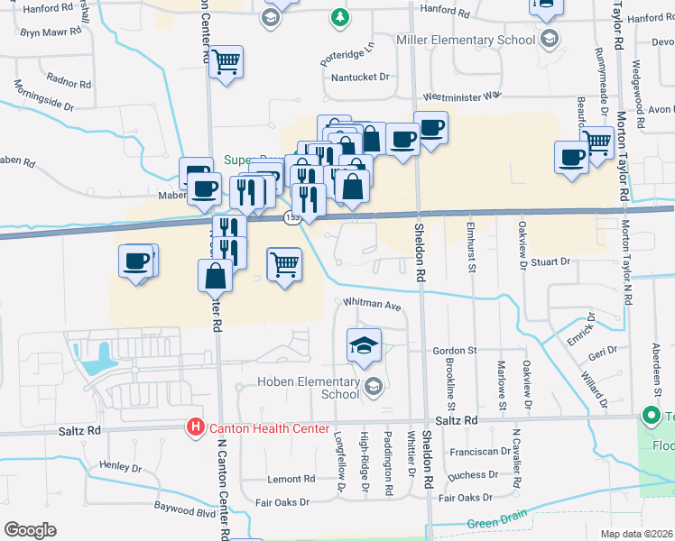 map of restaurants, bars, coffee shops, grocery stores, and more near 44854 Whitman Avenue in Canton