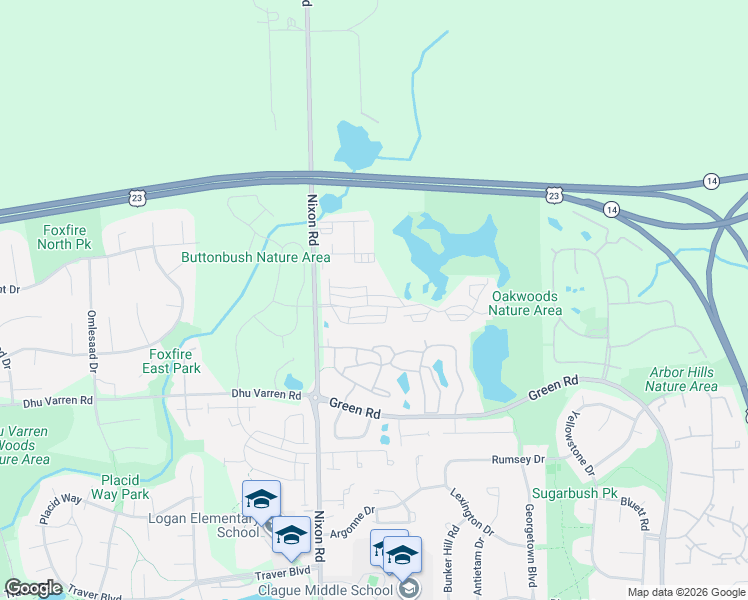 map of restaurants, bars, coffee shops, grocery stores, and more near 2890 Barclay Way in Ann Arbor