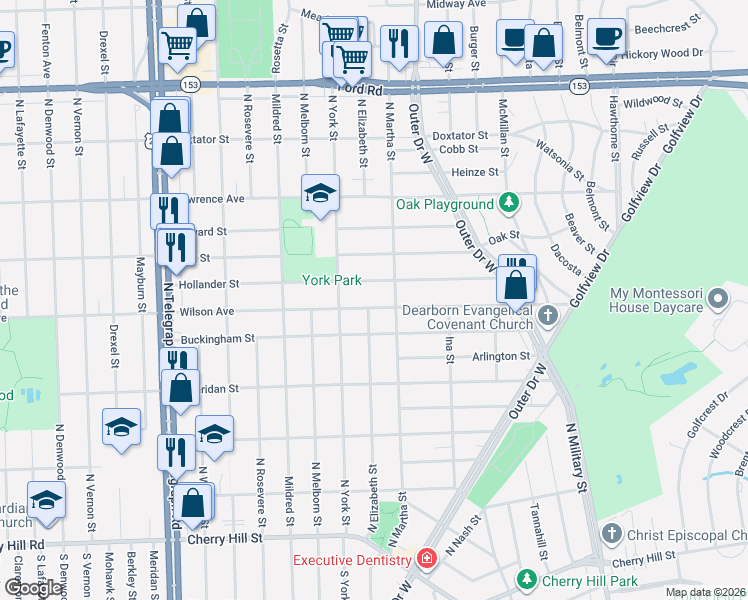 map of restaurants, bars, coffee shops, grocery stores, and more near 1020 North Elizabeth Street in Dearborn