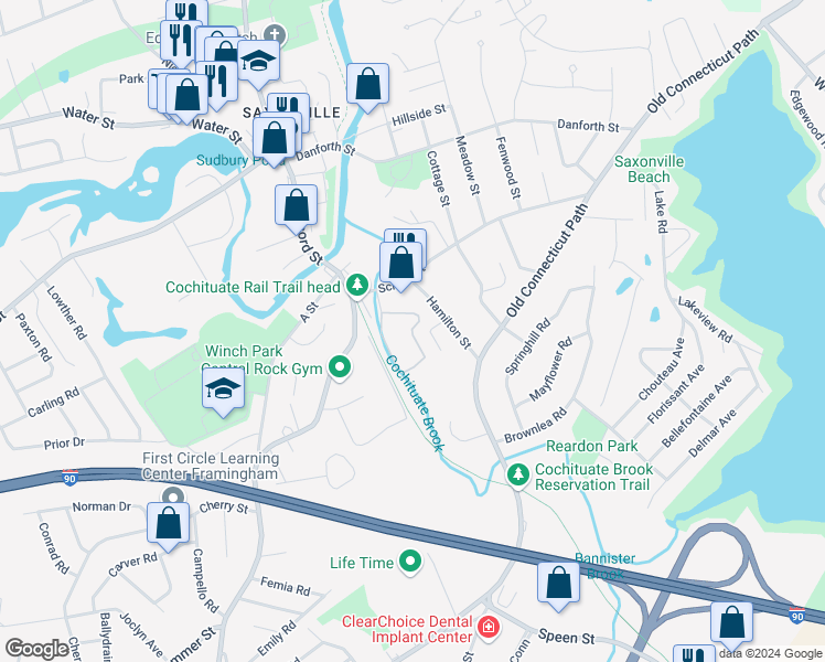 map of restaurants, bars, coffee shops, grocery stores, and more near 25-99 Queens Way in Framingham