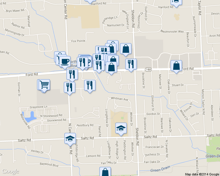 map of restaurants, bars, coffee shops, grocery stores, and more near 44411 Savery Drive in Canton