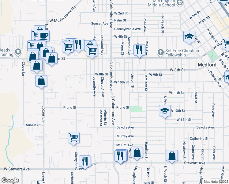 map of restaurants, bars, coffee shops, grocery stores, and more near 412 Benson Street in Medford