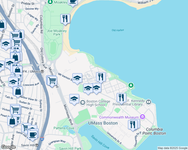 map of restaurants, bars, coffee shops, grocery stores, and more near 30 Harbor Point Boulevard in Boston