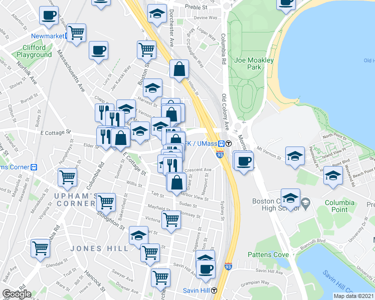 map of restaurants, bars, coffee shops, grocery stores, and more near 17 Moseley Street in Boston