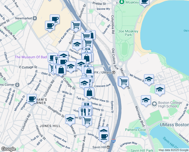 map of restaurants, bars, coffee shops, grocery stores, and more near 17 Moseley Street in Boston