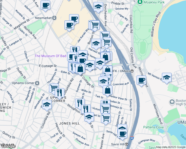 map of restaurants, bars, coffee shops, grocery stores, and more near 11 Pond Street in Boston