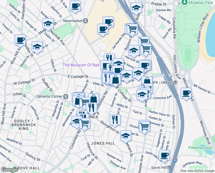 map of restaurants, bars, coffee shops, grocery stores, and more near 683 Columbia Road in Boston
