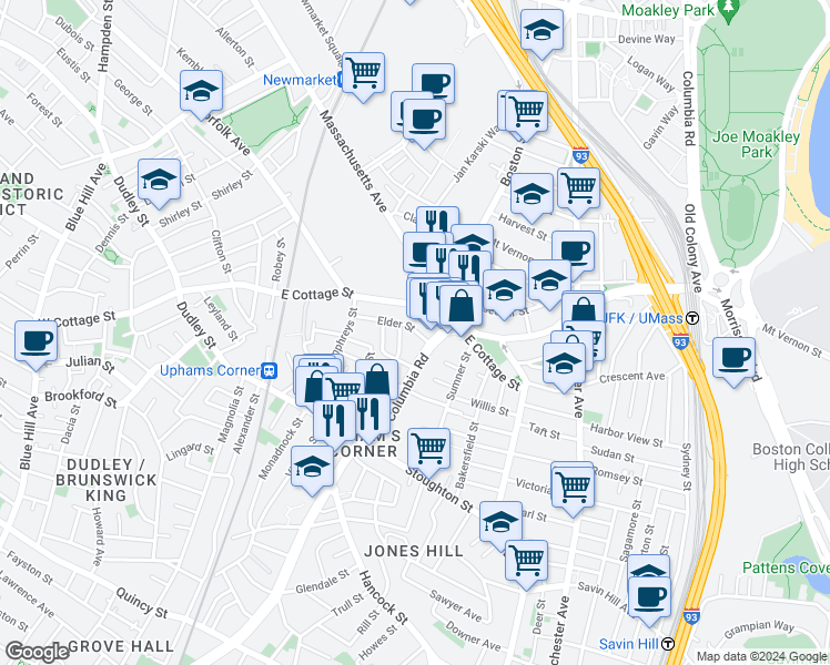 map of restaurants, bars, coffee shops, grocery stores, and more near 683 Columbia Road in Boston