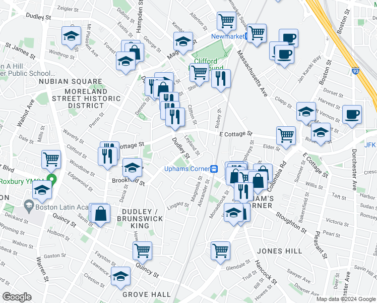 map of restaurants, bars, coffee shops, grocery stores, and more near in Boston