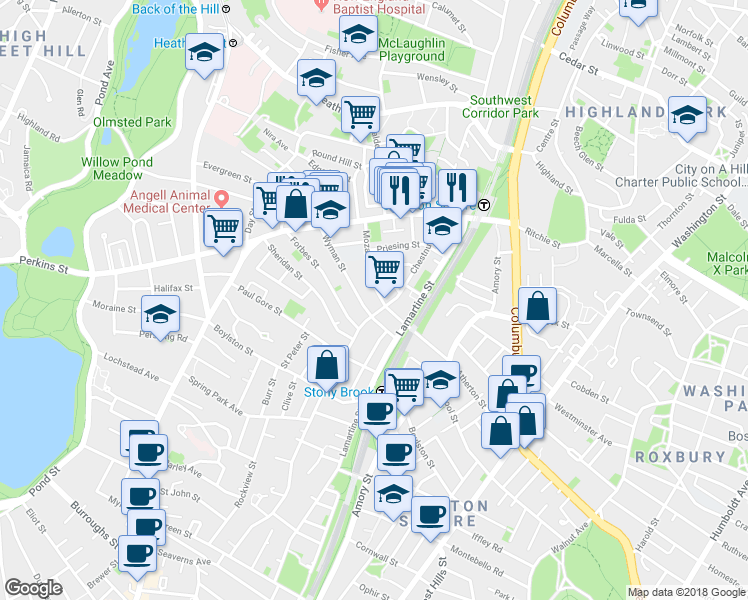 map of restaurants, bars, coffee shops, grocery stores, and more near 99 Wyman Street in Boston