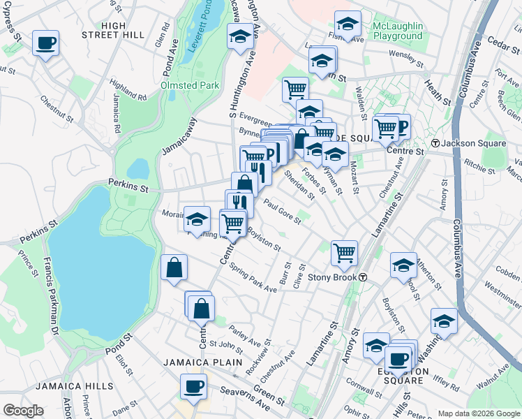 map of restaurants, bars, coffee shops, grocery stores, and more near 15 Oakview Terrace in Boston