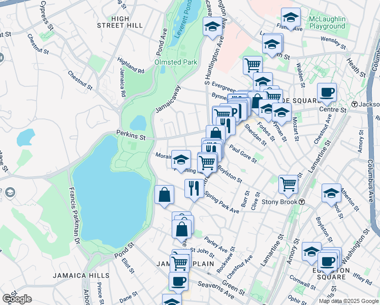 map of restaurants, bars, coffee shops, grocery stores, and more near 30 Moraine Street in Boston