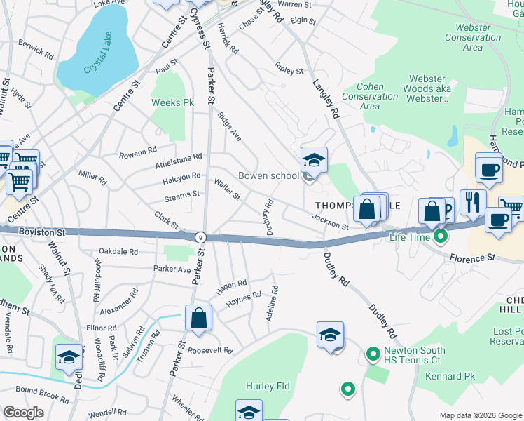 map of restaurants, bars, coffee shops, grocery stores, and more near 24 Lantern Lane in Newton