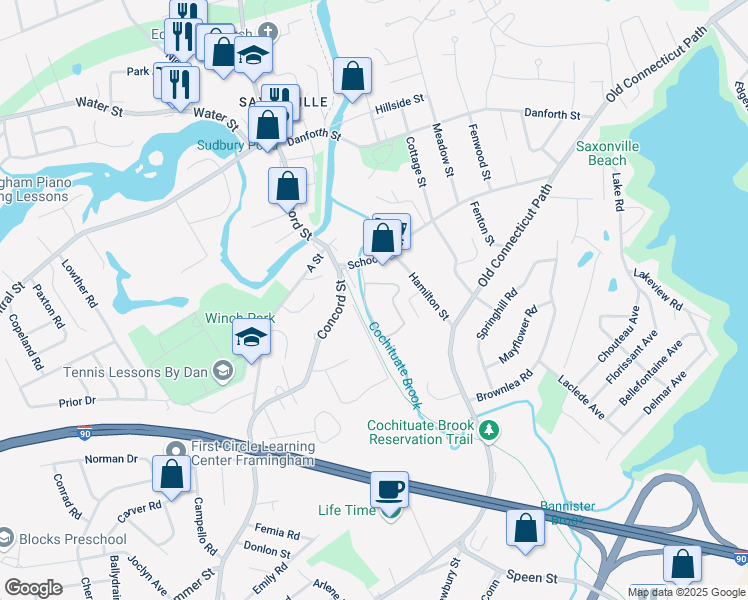 map of restaurants, bars, coffee shops, grocery stores, and more near 60 Queens Way in Framingham