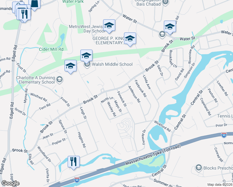 map of restaurants, bars, coffee shops, grocery stores, and more near 27 Fenwick Street in Framingham