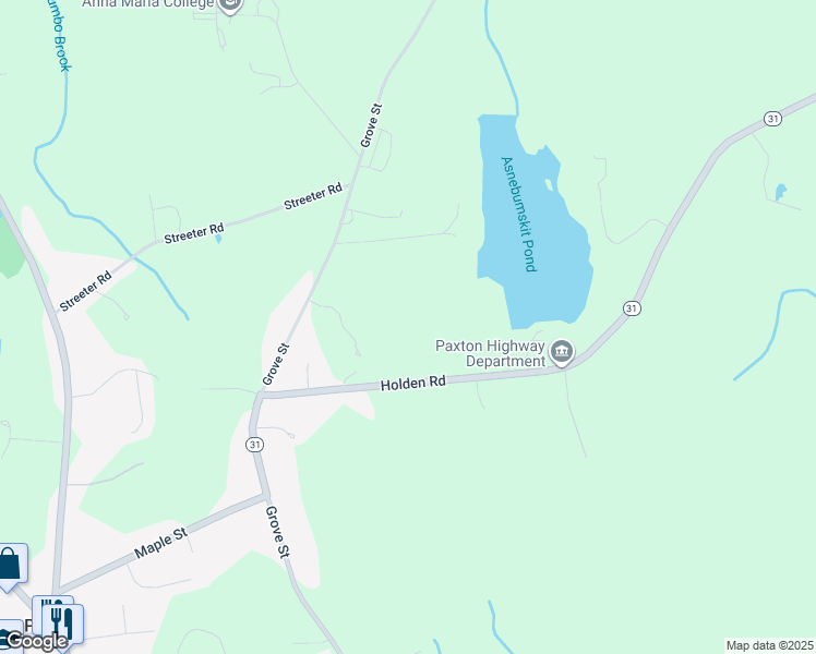 map of restaurants, bars, coffee shops, grocery stores, and more near 105 Holden Road in Paxton