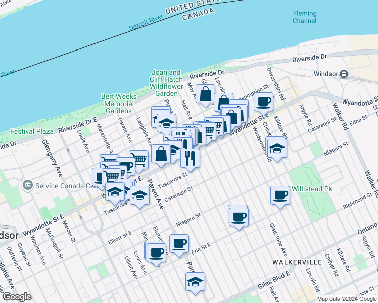 map of restaurants, bars, coffee shops, grocery stores, and more near 1157 Wyandotte Street East in Windsor