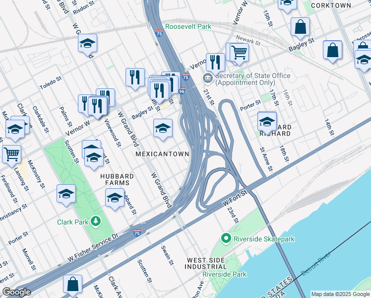 map of restaurants, bars, coffee shops, grocery stores, and more near 1243 24th Street in Detroit