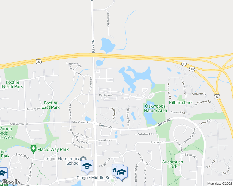 map of restaurants, bars, coffee shops, grocery stores, and more near 2890 Barclay Way in Ann Arbor