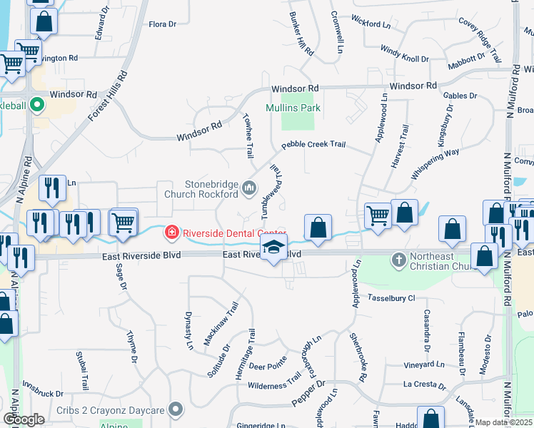 map of restaurants, bars, coffee shops, grocery stores, and more near 4089 Tumbleweed Trail in Loves Park