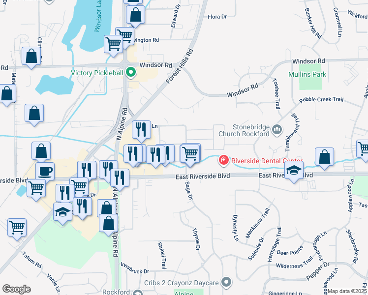 map of restaurants, bars, coffee shops, grocery stores, and more near 4112 Renn Hart Hills in Loves Park