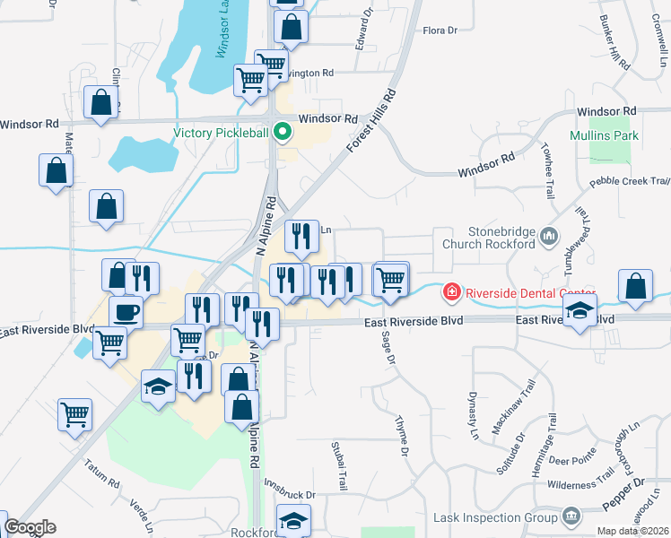 map of restaurants, bars, coffee shops, grocery stores, and more near 4137 Old Golf Road in Loves Park