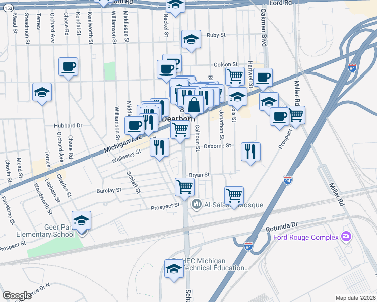map of restaurants, bars, coffee shops, grocery stores, and more near 4253 Calhoun Street in Dearborn