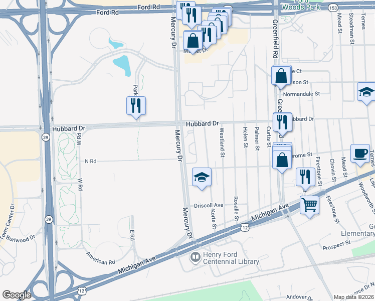 map of restaurants, bars, coffee shops, grocery stores, and more near 4711 Maddie Lane in Dearborn
