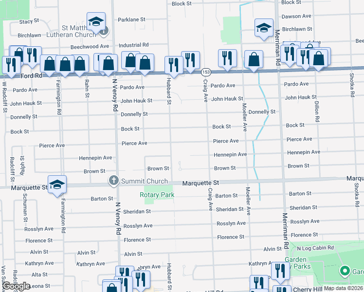 map of restaurants, bars, coffee shops, grocery stores, and more near 32381 Brown Street in Garden City