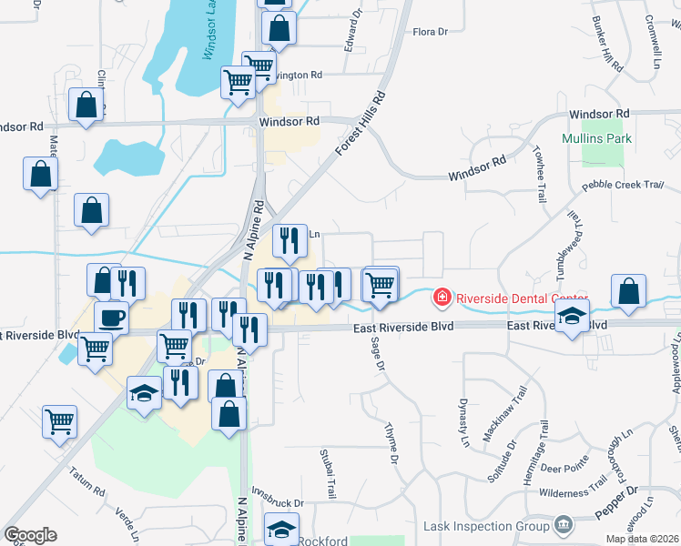map of restaurants, bars, coffee shops, grocery stores, and more near 4137 Old Golf Road in Loves Park