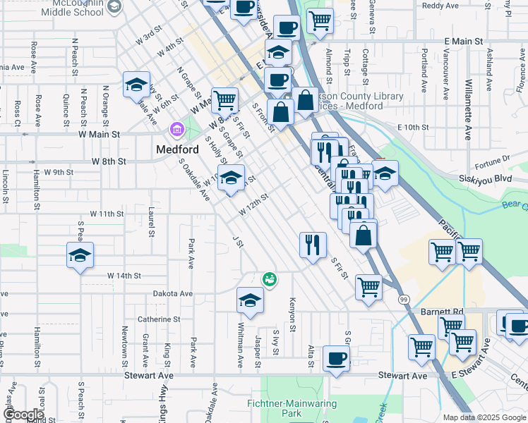 map of restaurants, bars, coffee shops, grocery stores, and more near 517 South Holly Street in Medford