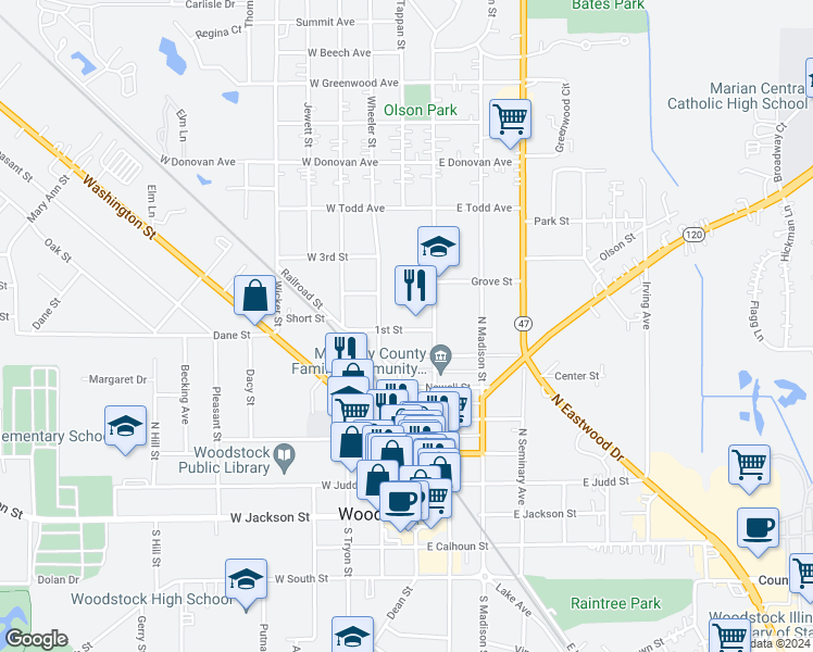 map of restaurants, bars, coffee shops, grocery stores, and more near 134 1st Street in Woodstock